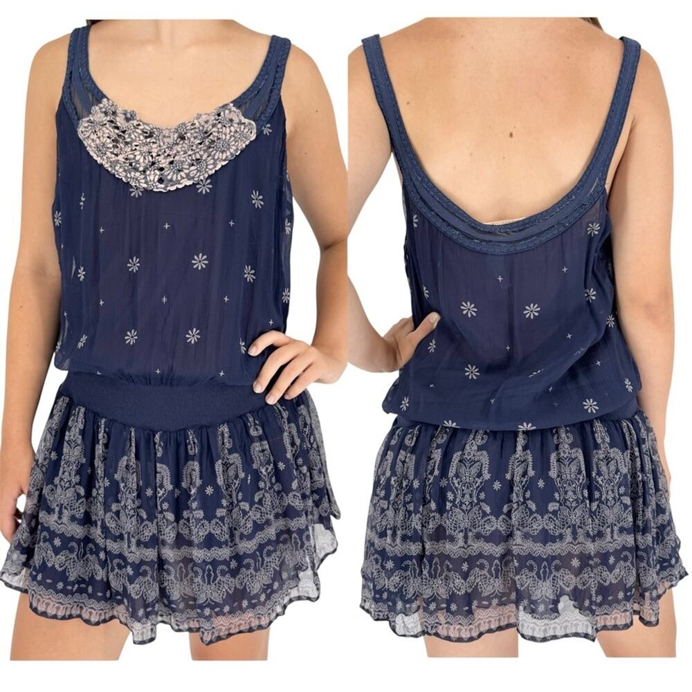 Vintage Y2K Free People 100% Silk Flowy Drop Waist Tank Dress Navy Size 10 Boho